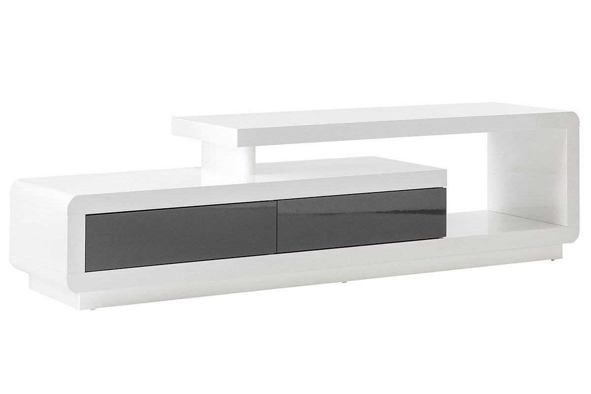 Meuble TV design blanc laqu� avec tiroirs gris L170 cm ETANA
