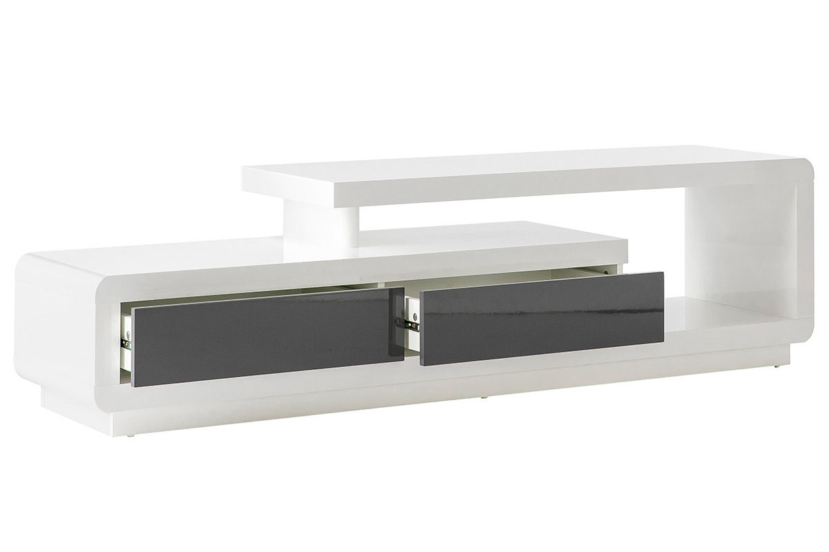 Meuble TV design blanc laqu� avec tiroirs gris L170 cm ETANA