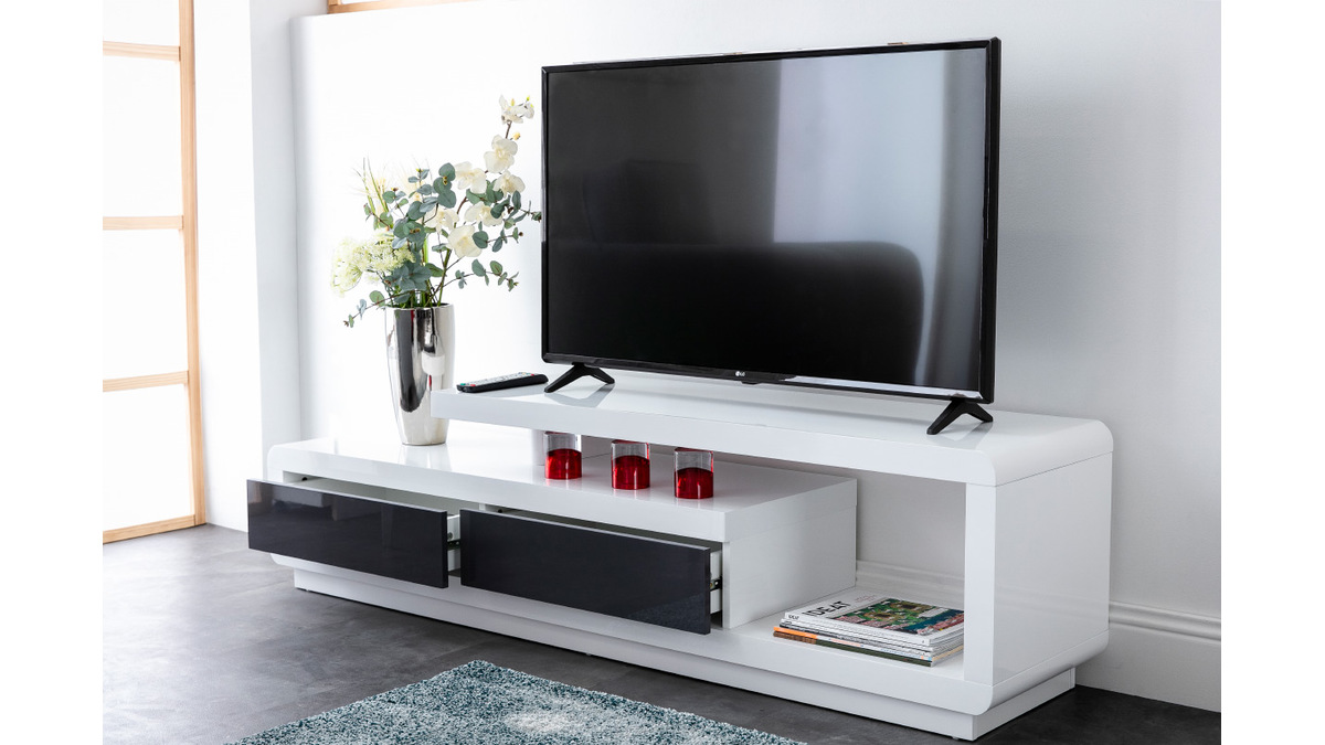 Meuble TV design blanc laqué avec tiroirs gris L170 cm ETANA