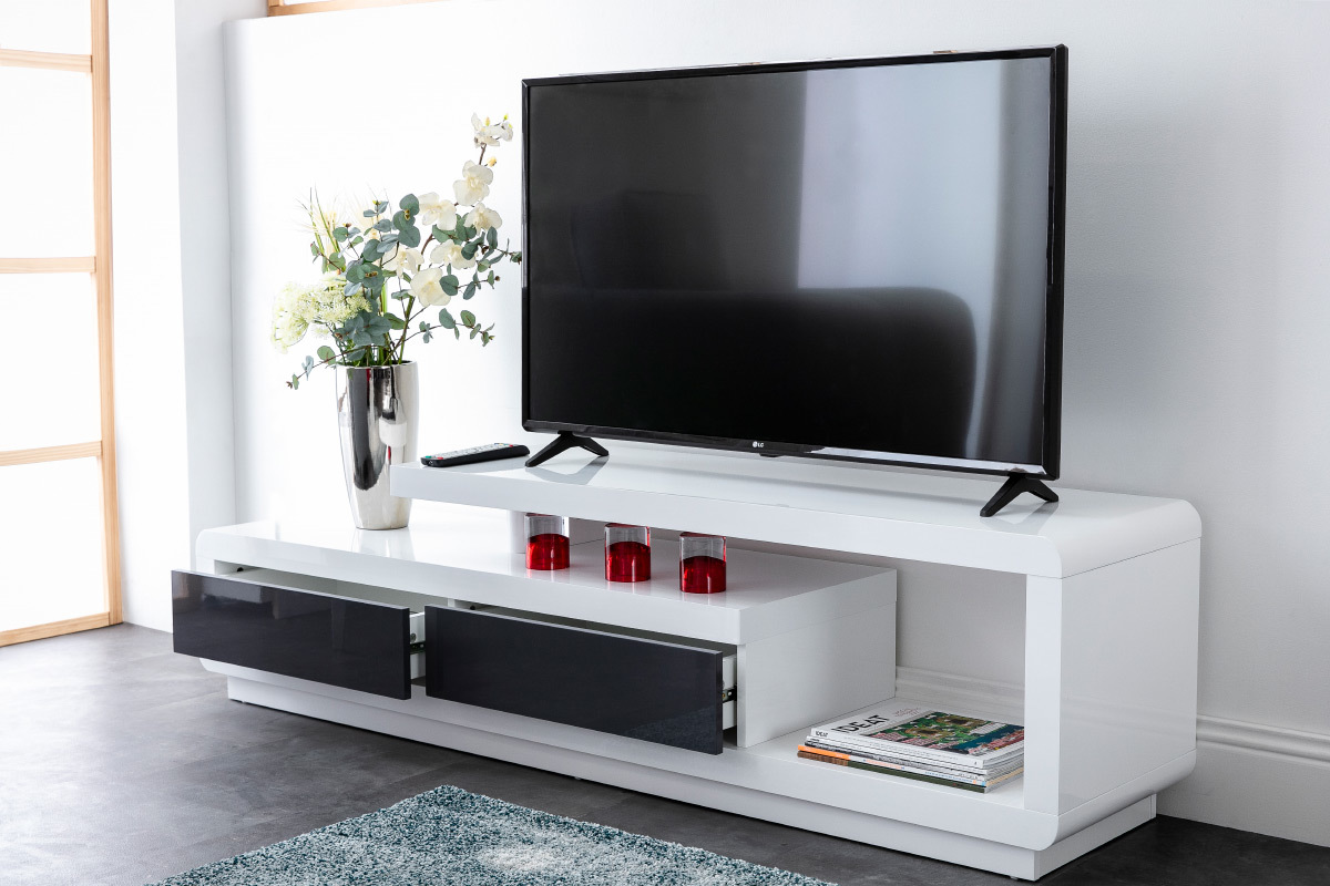 Meuble TV design blanc laqu� avec tiroirs gris L170 cm ETANA