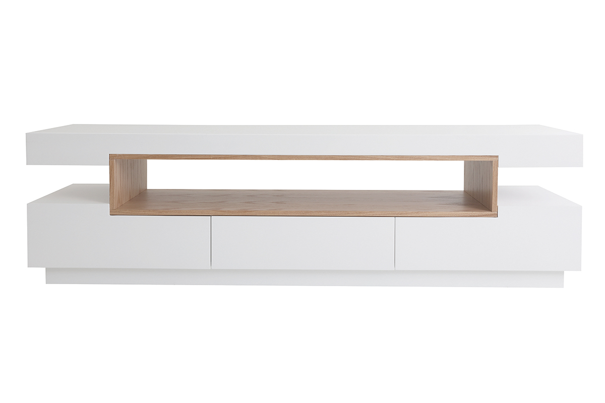 Meuble TV design blanc laqu brillant et bois L200 cm LIVO