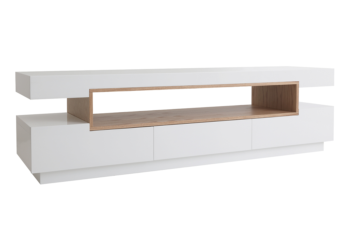 Meuble TV design blanc laqu brillant et bois L200 cm LIVO