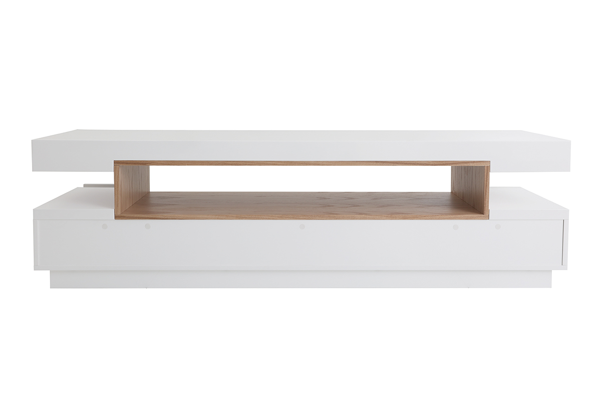 Meuble TV design blanc laqu brillant et bois L200 cm LIVO
