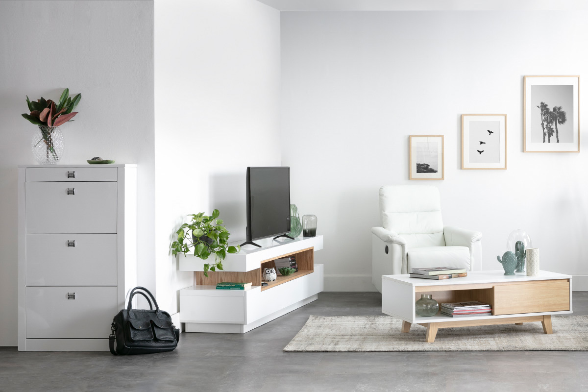 Meuble TV design blanc laqu brillant et bois L200 cm LIVO