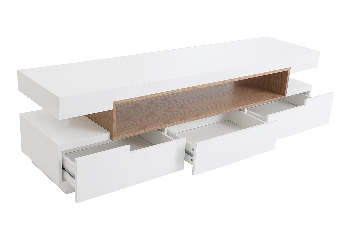 Meuble TV design blanc laqu brillant et bois L200 cm LIVO