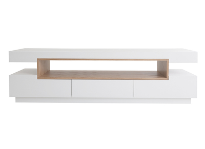 Meuble TV design blanc laqué brillant et bois L200 cm LIVO