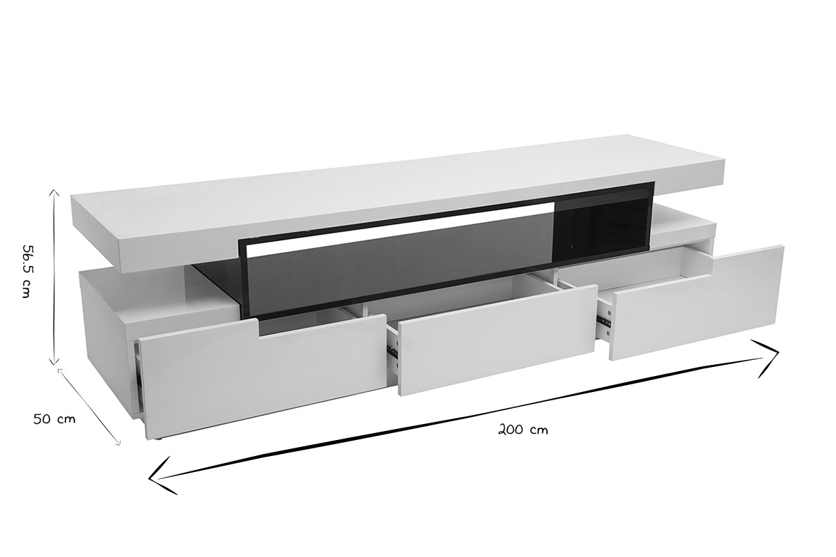 Meuble TV design blanc laqu brillant L200 cm LIVO