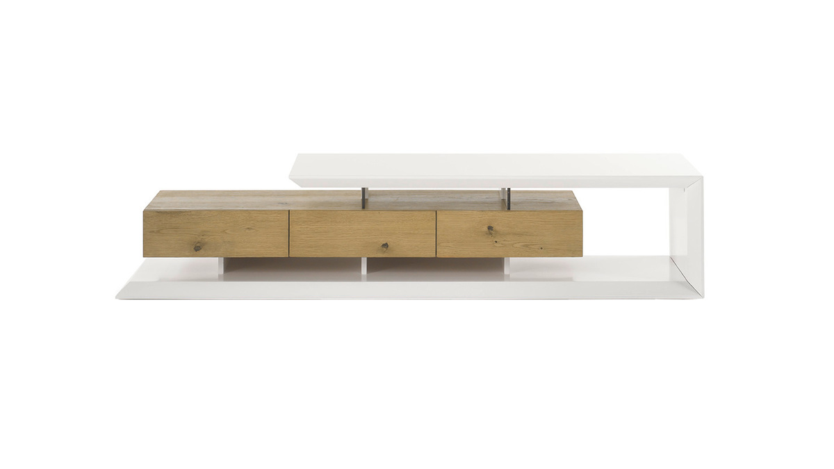 Buffet Design NELIO – Blanc Laqué Brillant Et Bois Clair, 3 Portes, 155 Cm De Long, Rangement Spacieux Pour Salon Ou Entrée