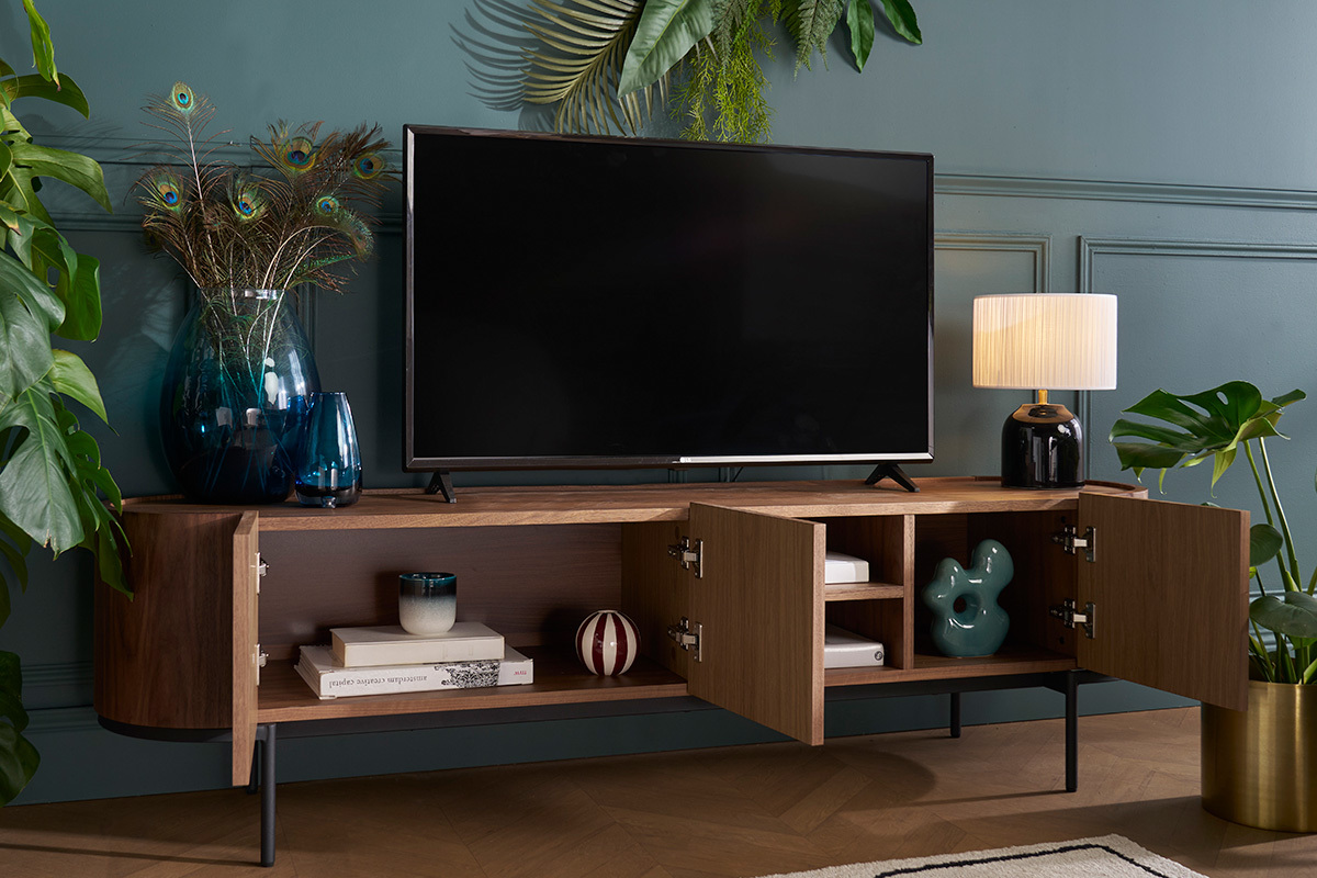 Meuble TV design bois fonc noyer et mtal noir avec rangements L180 cm SKYE
