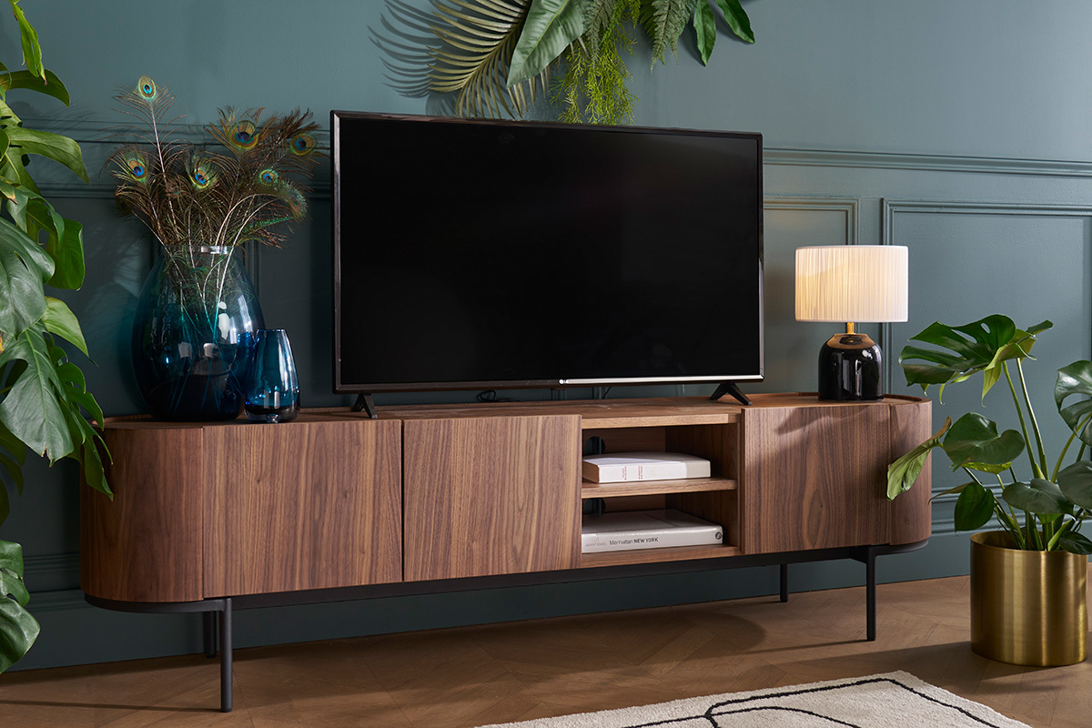 Meuble TV design bois fonc noyer et mtal noir avec rangements L180 cm SKYE