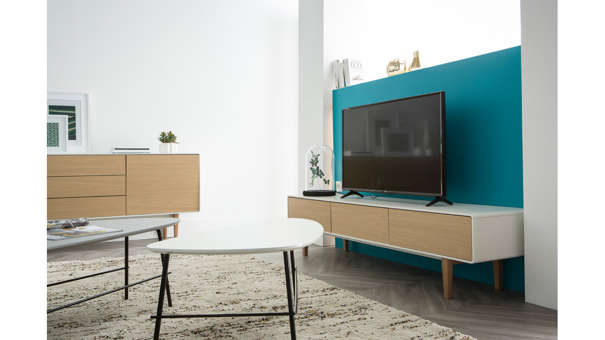 Meuble TV design contemporain blanc et bois ROMY