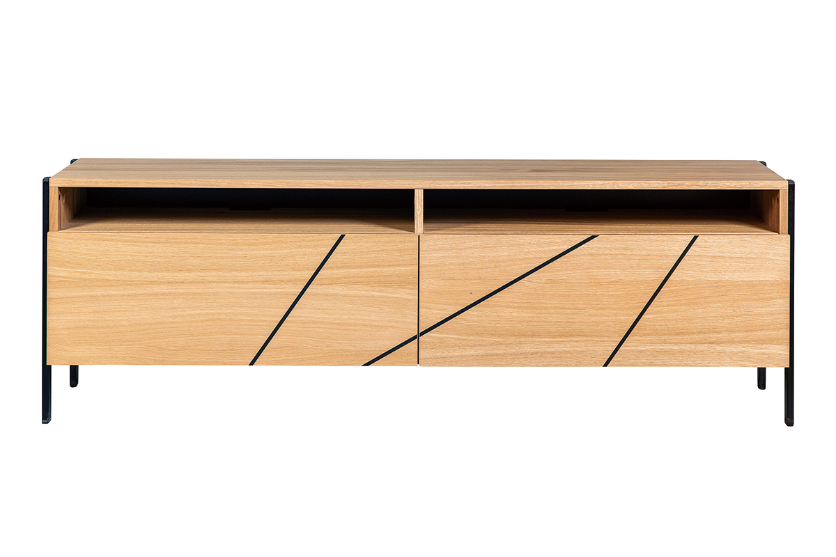 Meuble TV design en bois clair avec motifs gravs noirs et mtal noir L163 cm ICODE