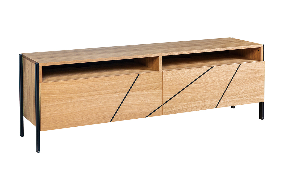 Meuble TV design en bois clair avec motifs gravs noirs et mtal noir L163 cm ICODE