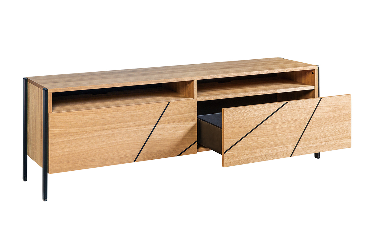 Meuble TV design en bois clair avec motifs gravs noirs et mtal noir L163 cm ICODE