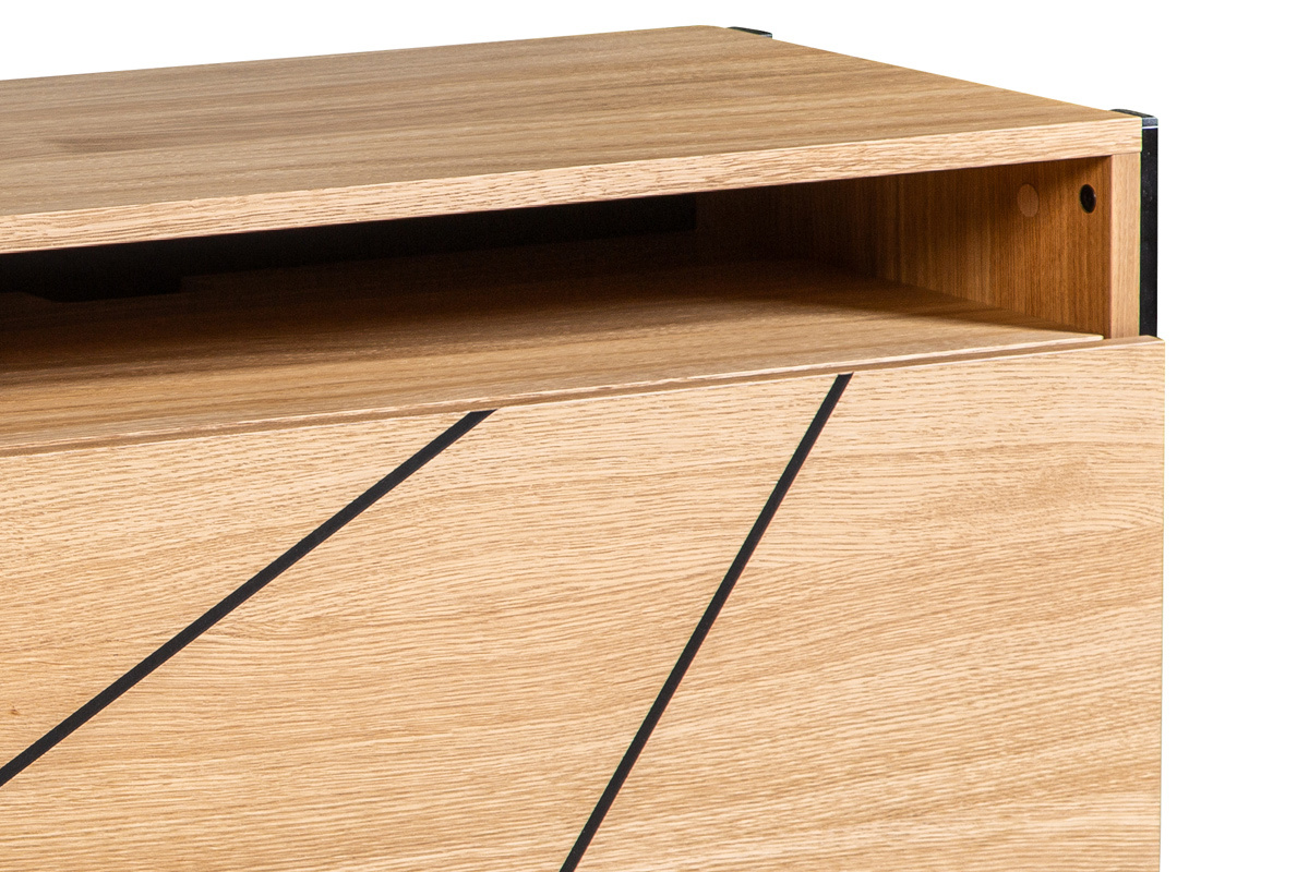 Meuble TV design en bois clair avec motifs gravs noirs et mtal noir L163 cm ICODE