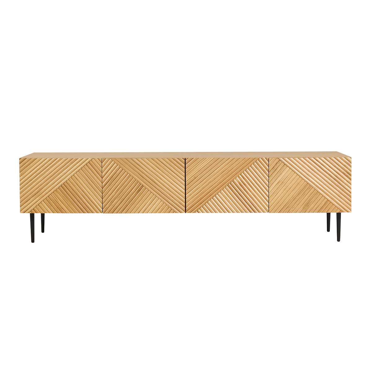 Meuble TV design en bois clair chêne massif gravé et métal noir 4 portes L180 cm ARCHIPEL Meuble TV design en bois clair chêne massif gravé et métal noir 4 portes L180 cm ARCHIPEL