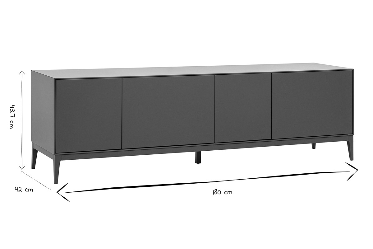 Meuble TV gris brillant avec dimensions en noir et blanc : L180 cm, H43,7 cm, P42 cm.