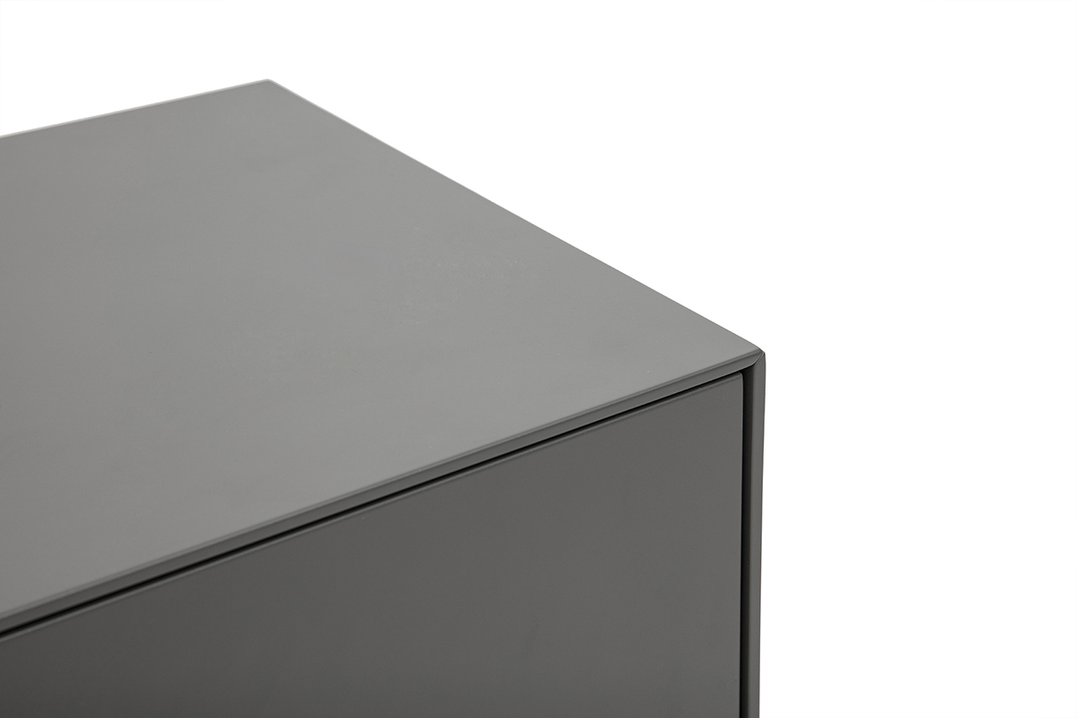 Gros plan d'une surface de meuble TV gris brillant, vue zoom�e.