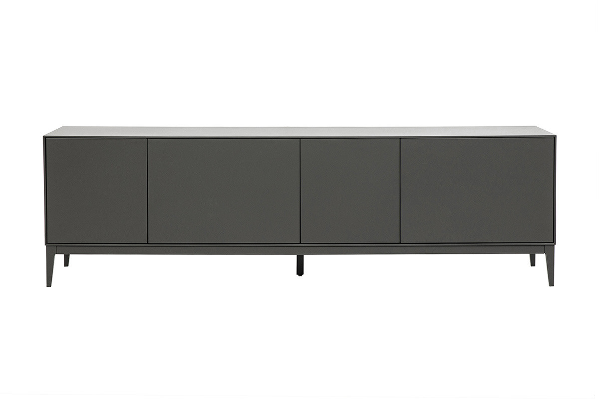 Meuble TV gris brillant L180 cm avec portes ferm�es, vue frontale.