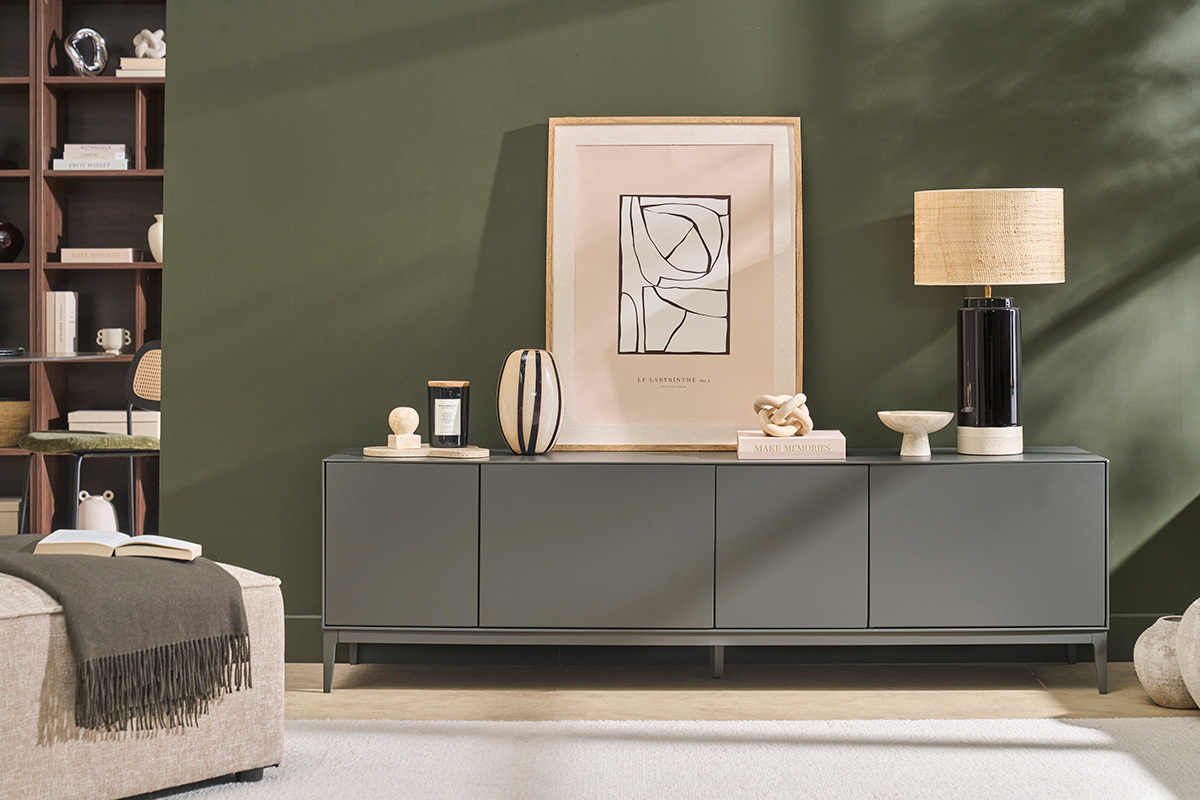 Meuble TV design gris laqu� mat avec rangements L180 cm GRAY