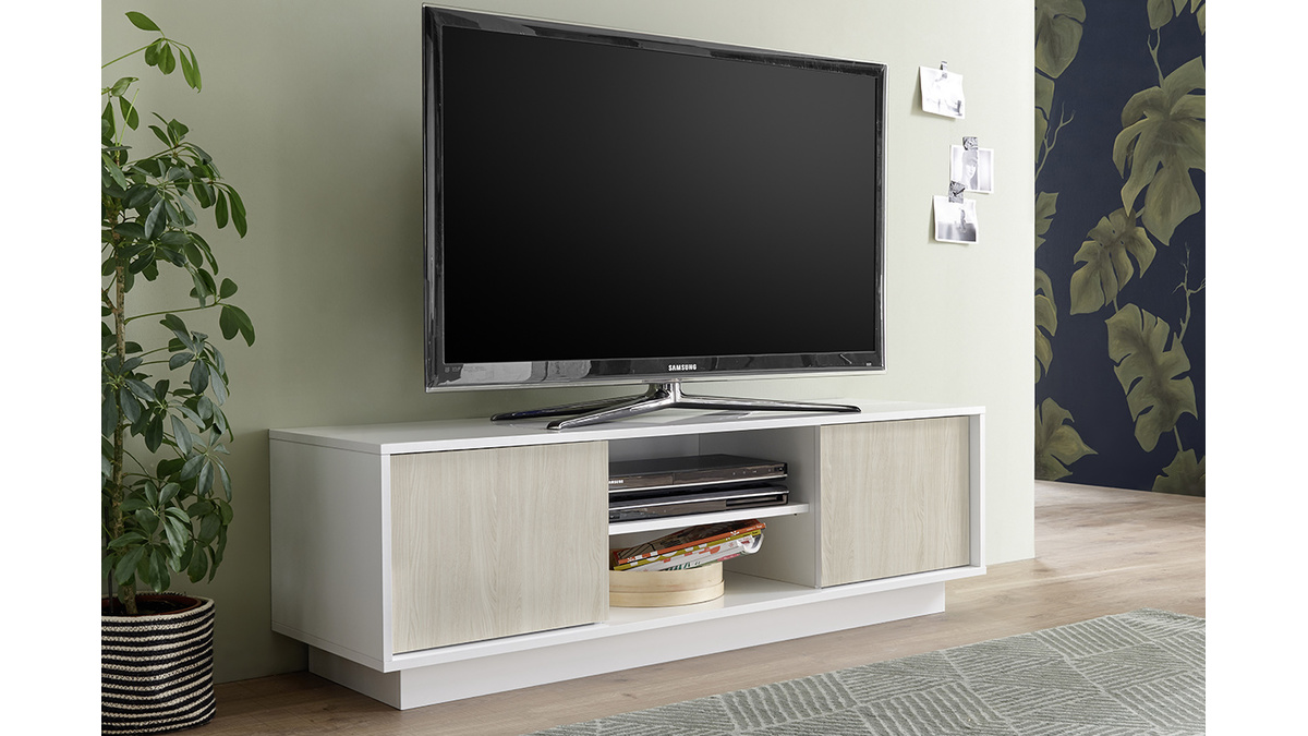 Meuble TV design laqué blanc brillant et effet chene L138 cm HERO