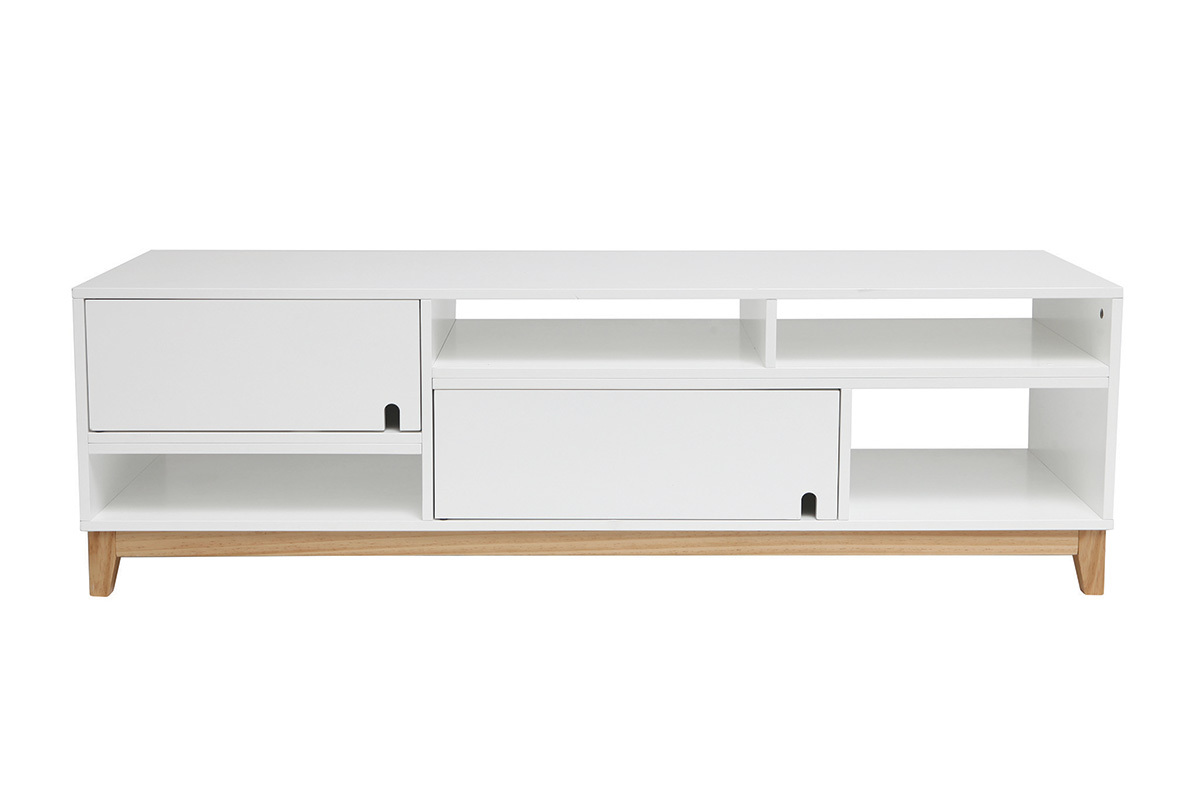 Meuble TV design laqu blanc mat et bois SKAL