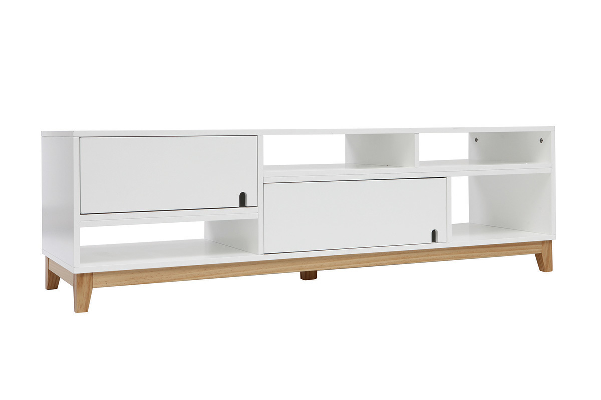 Meuble TV design laqu blanc mat et bois SKAL