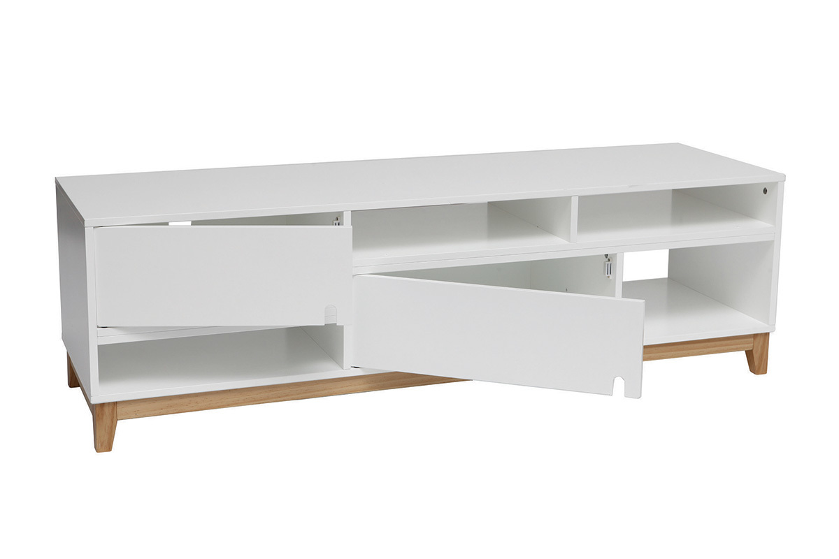 Meuble TV design laqu blanc mat et bois SKAL