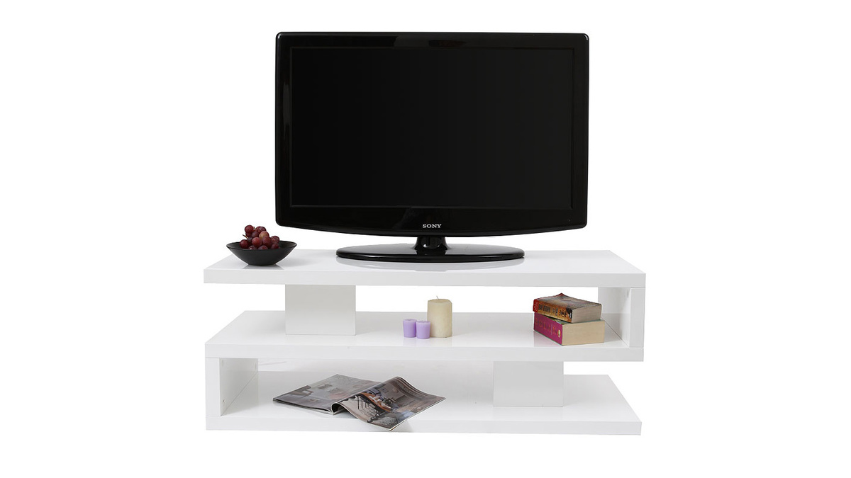 Meuble TV design laqué brillant blanc L120 NEXY