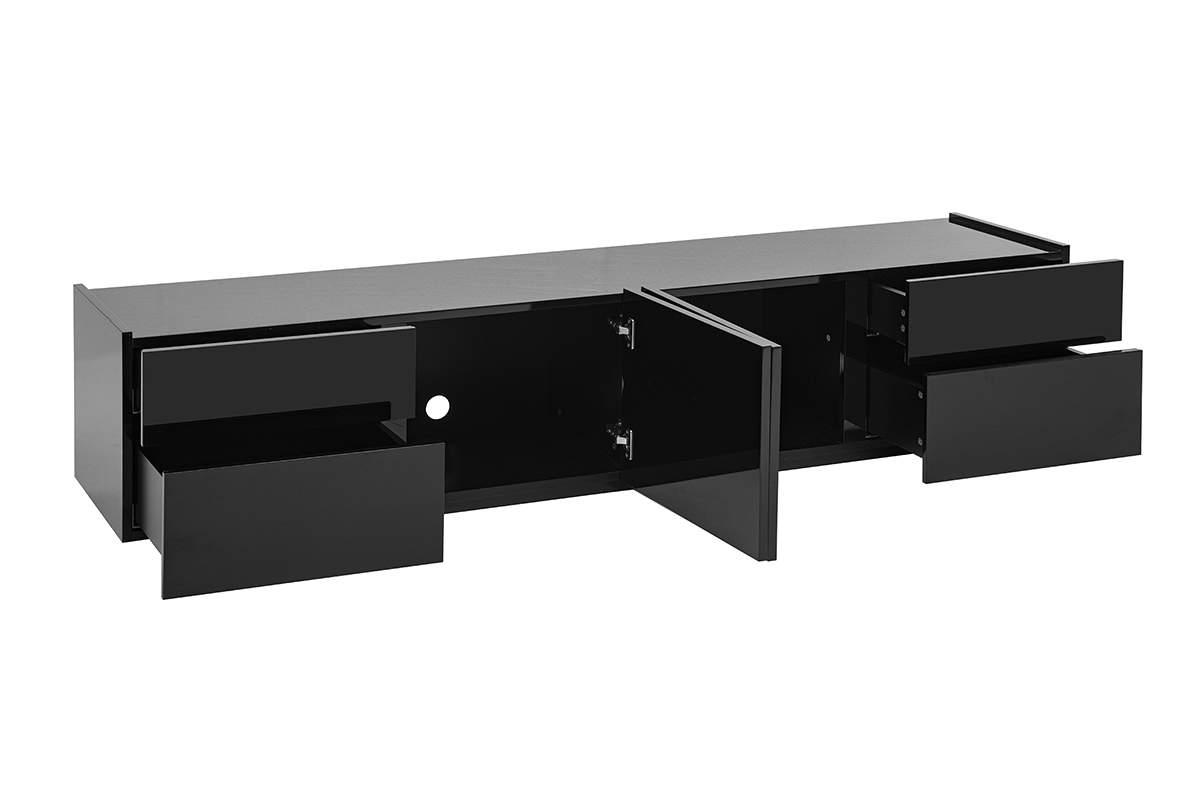 Meuble TV noir brillant avec tiroirs et portes ouvertes, vue de 3/4.
