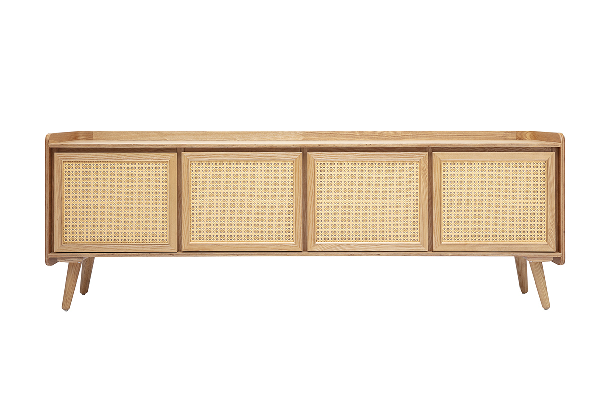 Meuble TV ELSY en bois clair fr�ne et cannage rotin, vue de face, avec quatre portes.