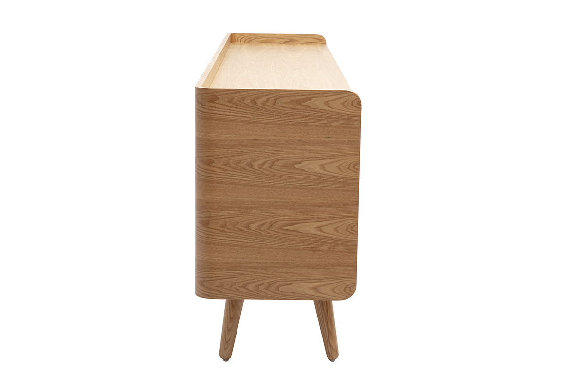 Meuble TV en bois clair fr�ne et cannage rotin, vue de profil.