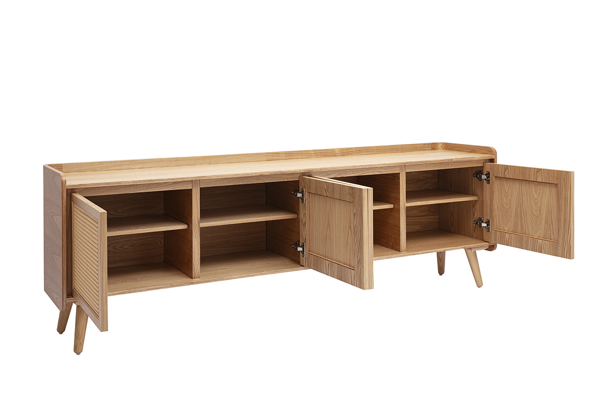 Meuble TV en bois clair fr�ne et cannage rotin, vue de 3/4avec portes ouvertes, quatre niches int�rieures.