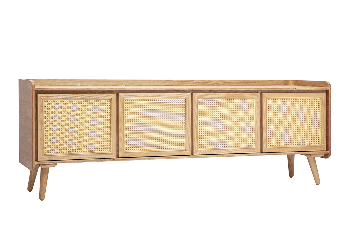 Meuble TV en bois clair fr�ne avec fa�ades en cannage rotin, vue de 3/4