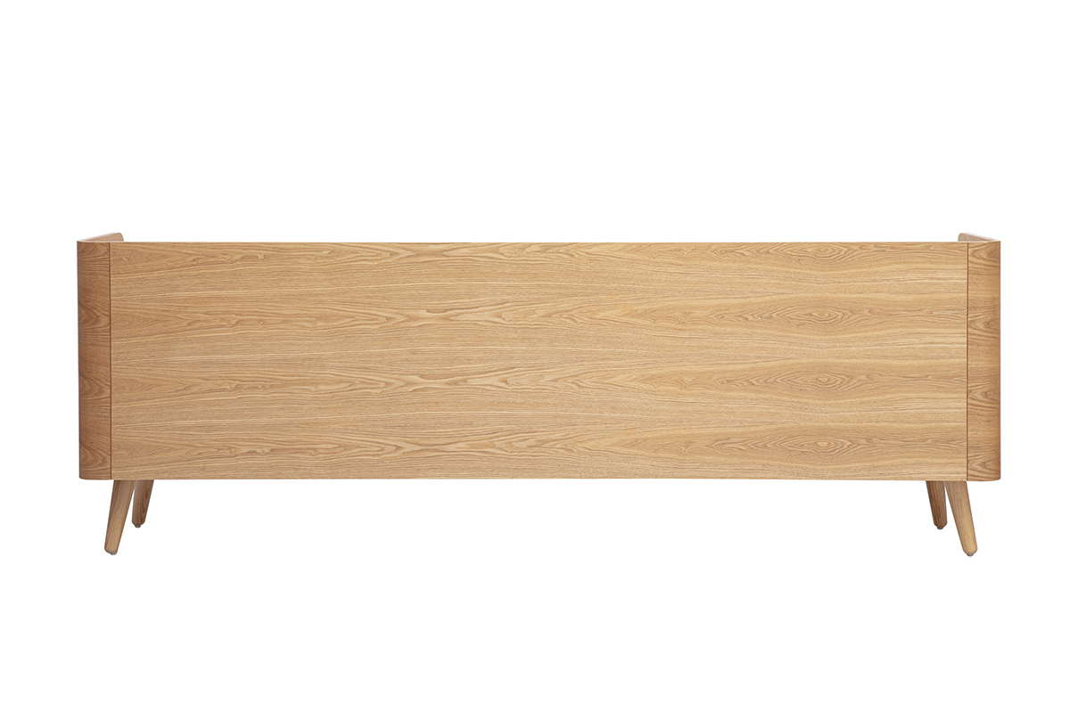 Meuble TV en bois clair fr�ne et cannage rotin, vue de dos, quatre pieds fusel�s.