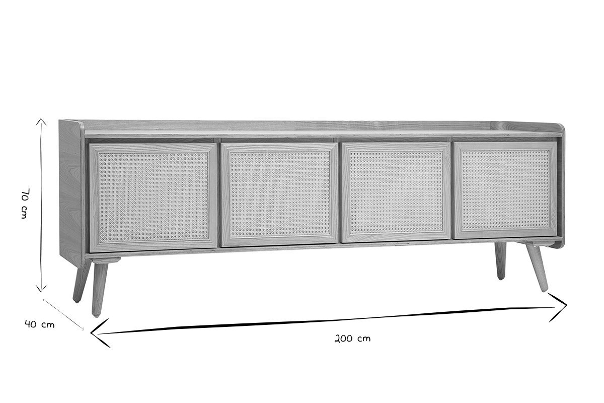 Dimensions du meuble TV ELSY : L200 cm, H70 cm, P40 cm en noir et blanc.