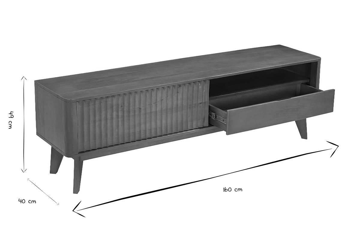 Dimensions du meuble TV en noir et blanc : 160 cm de long, 40 cm de hauteur.