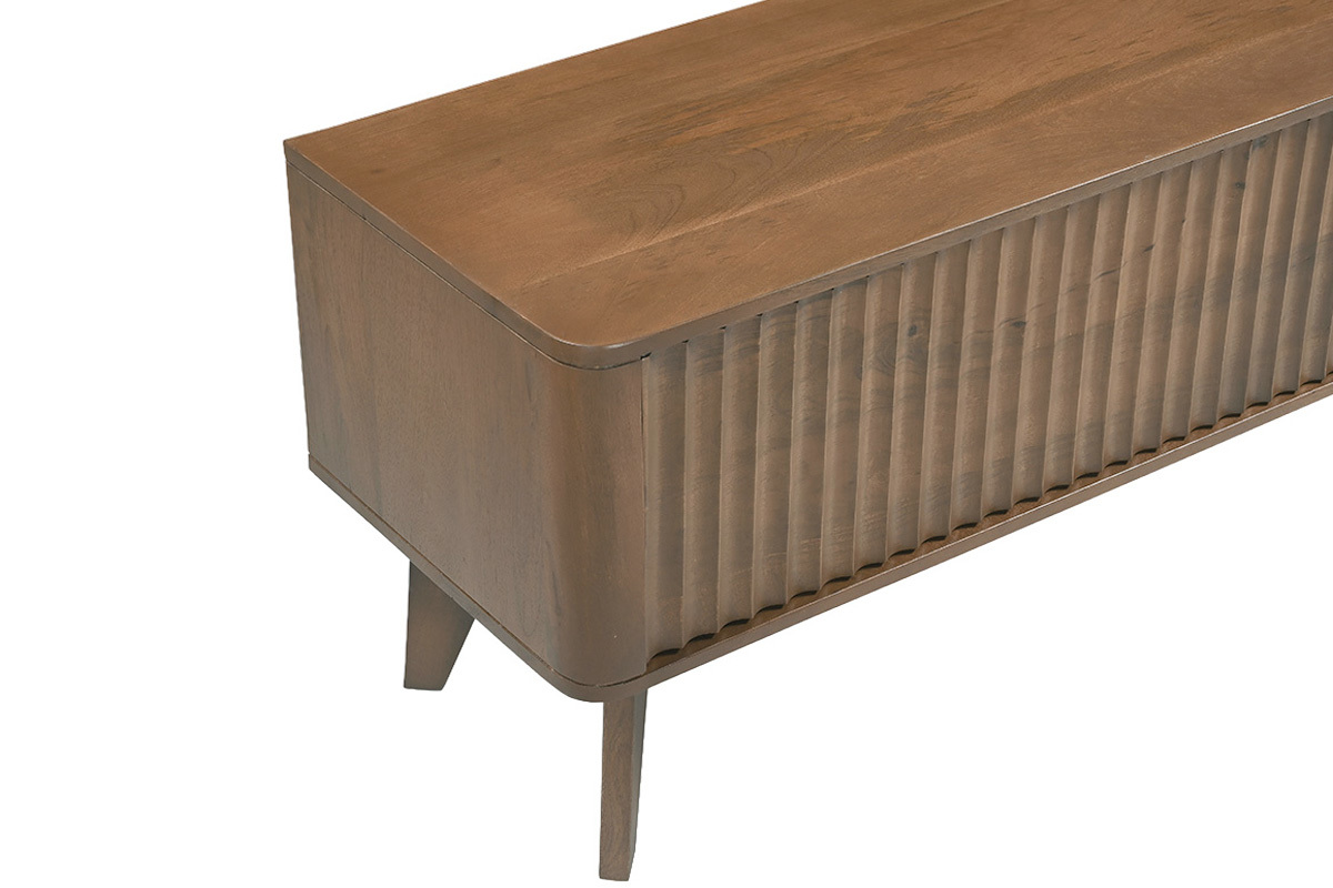 Meuble TV en bois fonc� manguier massif avec porte coulissante, angle de c�t�.