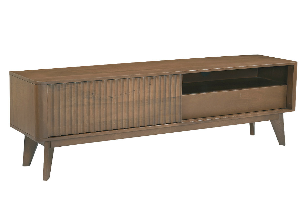 Meuble TV en bois fonc� manguier massif avec porte coulissante, vue de 3/4