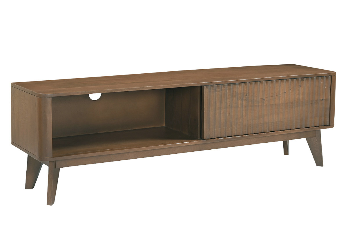 Meuble TV en bois fonc� manguier massif avec porte coulissante vue de 3/4, L160 cm