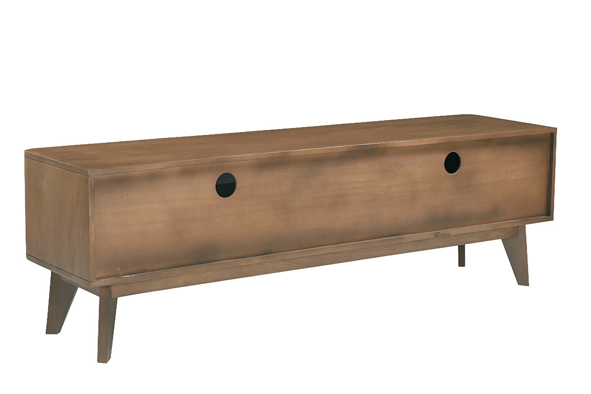 Meuble TV en bois fonc� manguier, porte coulissante, vue de 3/4 dos, longueur 160 cm