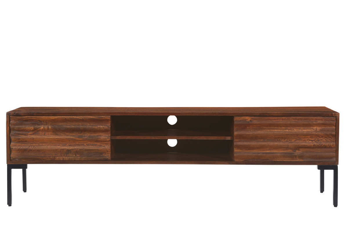 Meuble TV en bois fonc� manguier massif et m�tal noir 2 portes L160 cm ONDA