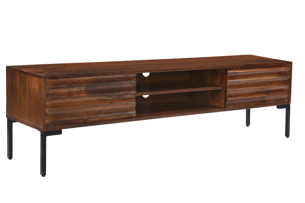 Meuble TV en bois fonc� manguier massif et m�tal noir 2 portes L160 cm ONDA