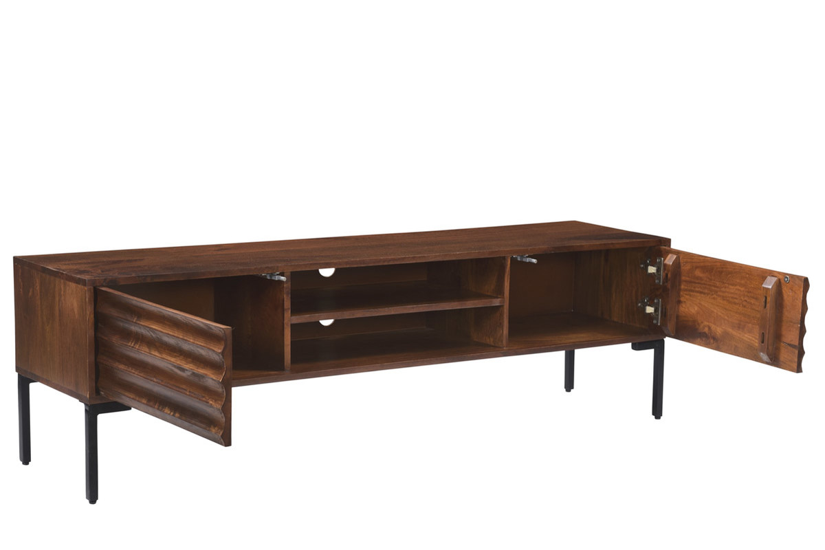 Meuble TV en bois fonc� manguier massif et m�tal noir 2 portes L160 cm ONDA