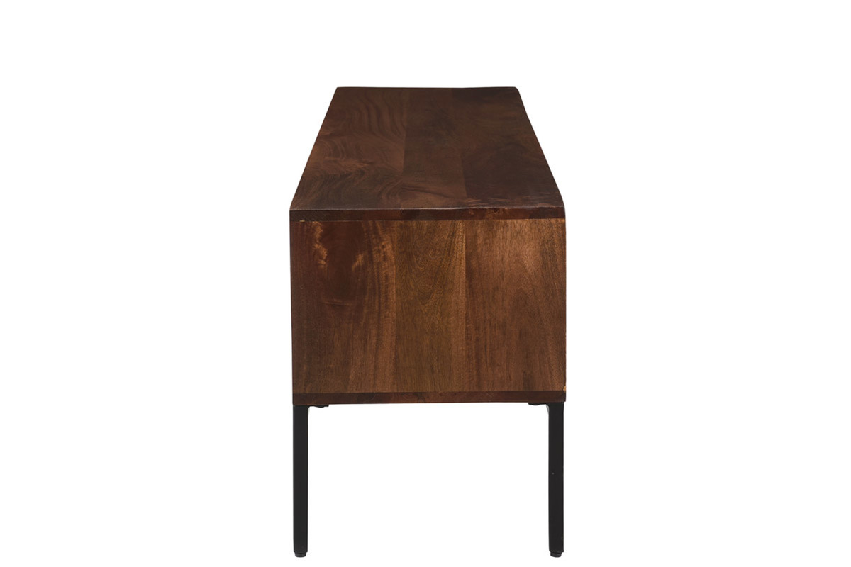 Meuble TV en bois fonc� manguier massif et m�tal noir 2 portes L160 cm ONDA