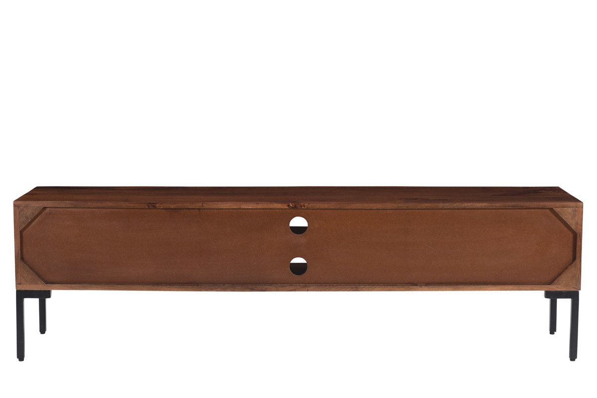 Meuble TV en bois fonc� manguier massif et m�tal noir 2 portes L160 cm ONDA