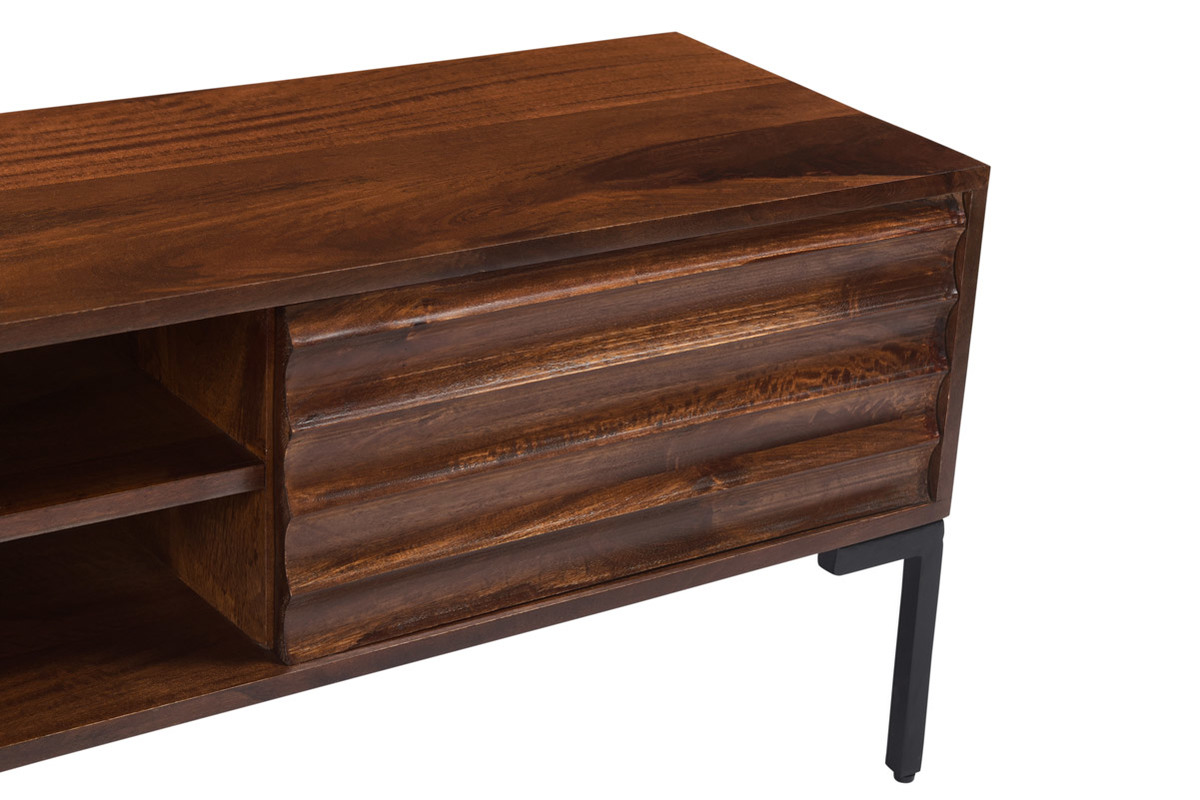 Meuble TV en bois fonc� manguier massif et m�tal noir 2 portes L160 cm ONDA