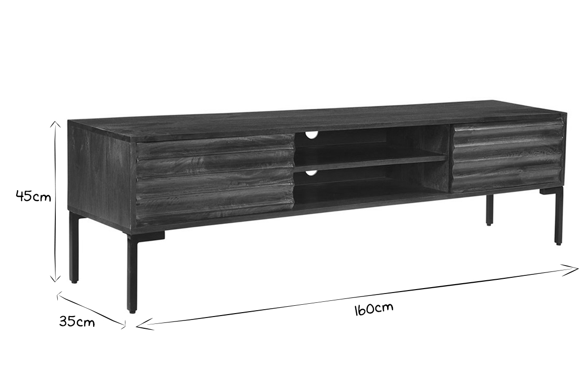 Meuble TV en bois fonc� manguier massif et m�tal noir 2 portes L160 cm ONDA