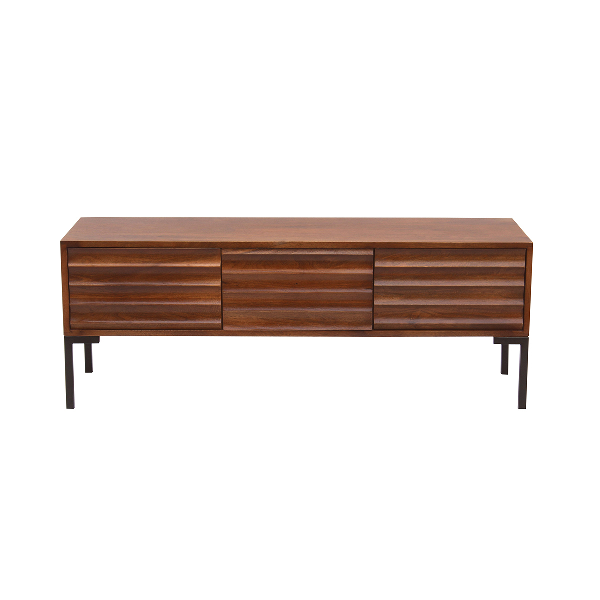 Meuble TV en bois foncé manguier massif et métal noir 3 portes L120 cm ONDA Meuble TV en bois foncé manguier massif et métal noir 3 portes L120 cm ONDA
