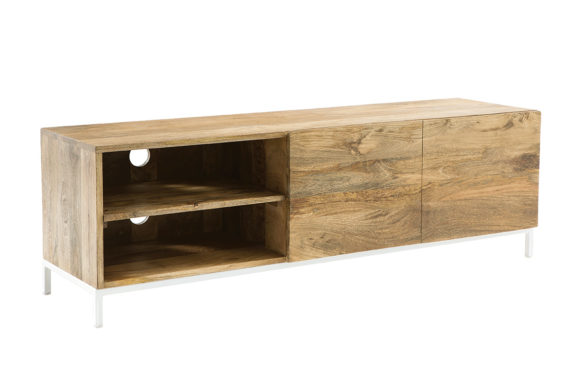 Meuble TV en bois manguier massif et mtal blanc 145cm BOHO